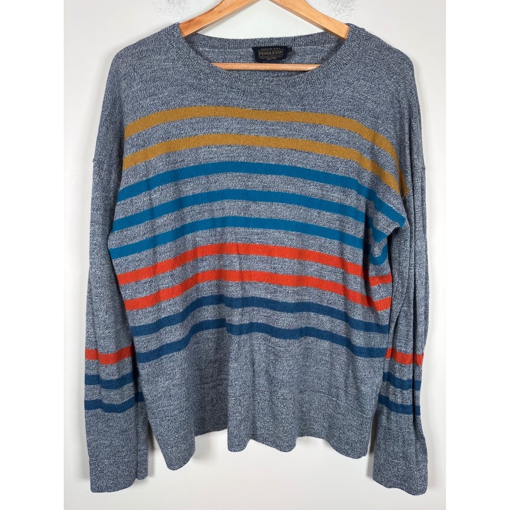 Pendleton Merino Wool Sweater Womens Large Blue Striped Crewneck Cabin Heritage